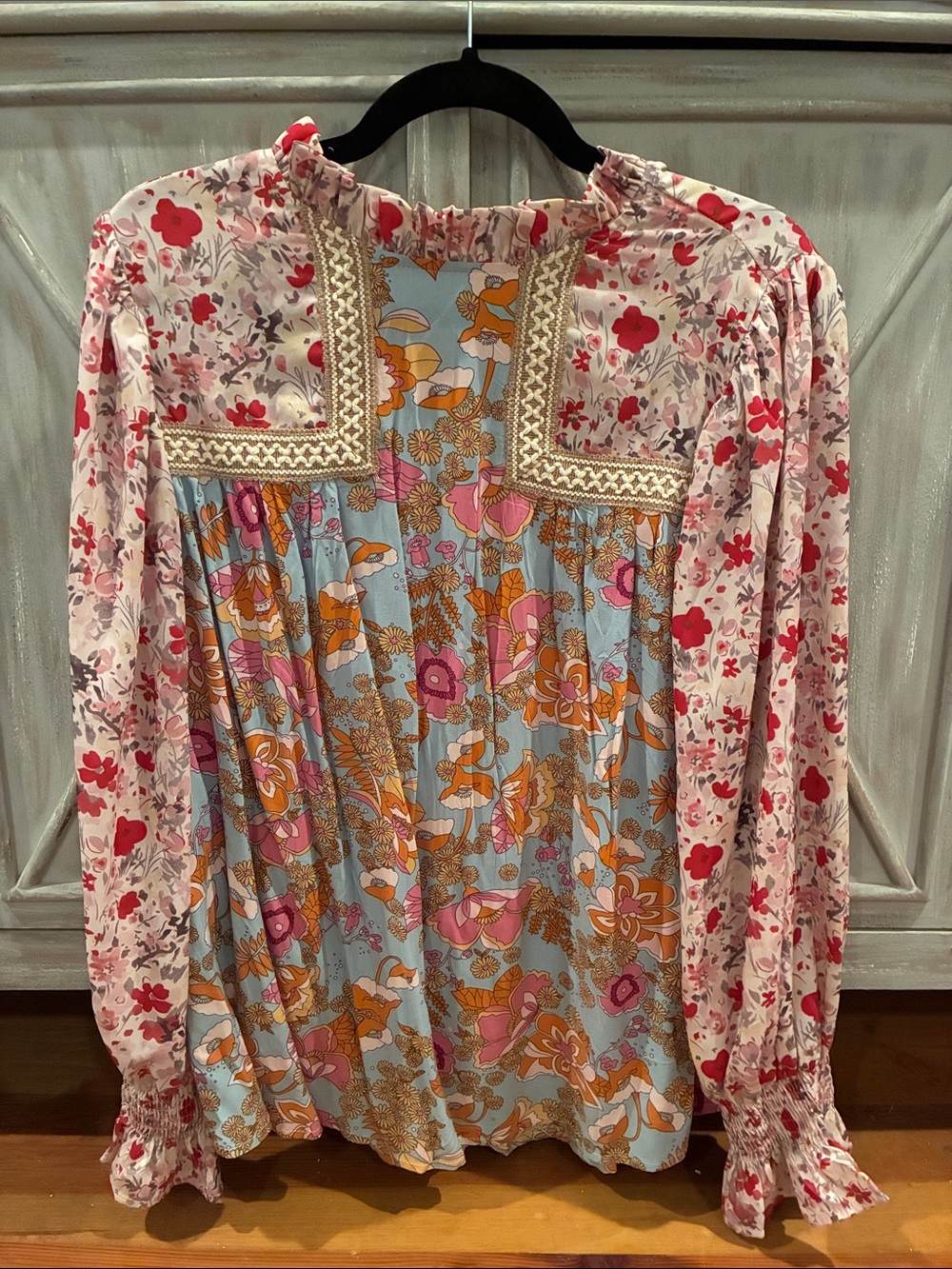 Floral Mixed-Print Ruffled Yoke Blouse - Pink & Light Blue